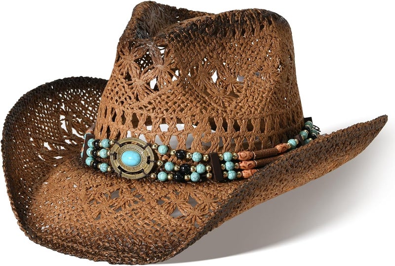 Willheoy Straw Cowboy Hat for Men Womens Straw Cowgirl Hat Summer Western Cowboy Hats with Wide Brim for Cowgirls and Cowboys - Image 1